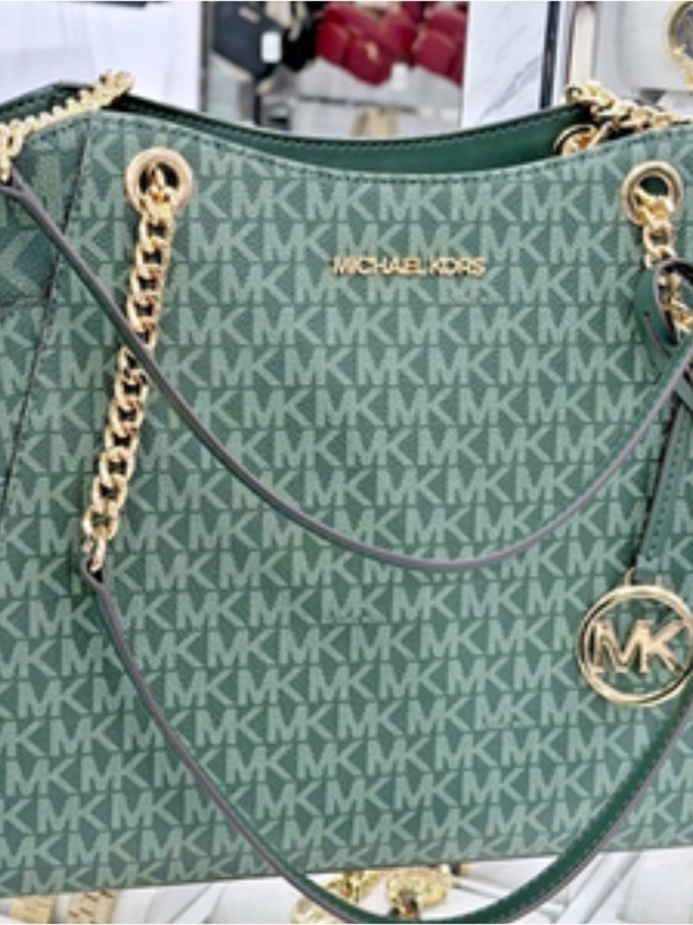 Michael Kors Green Signature MK Chain Shoulder Tote and Ombré Wallet